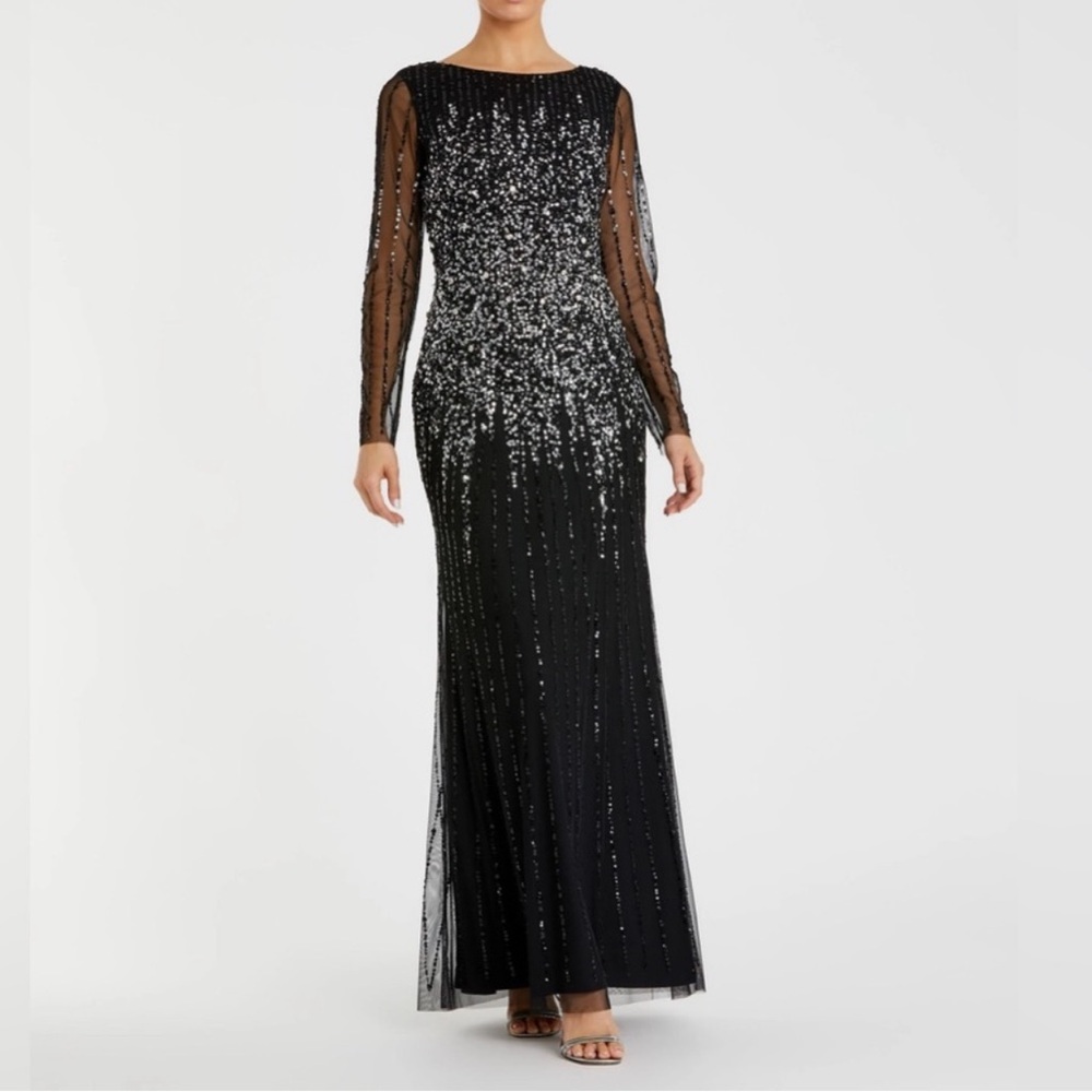 MAC DUGGAL High Neck Sequin Embellished Long Sleeve A-Line Gown - Black & Silver